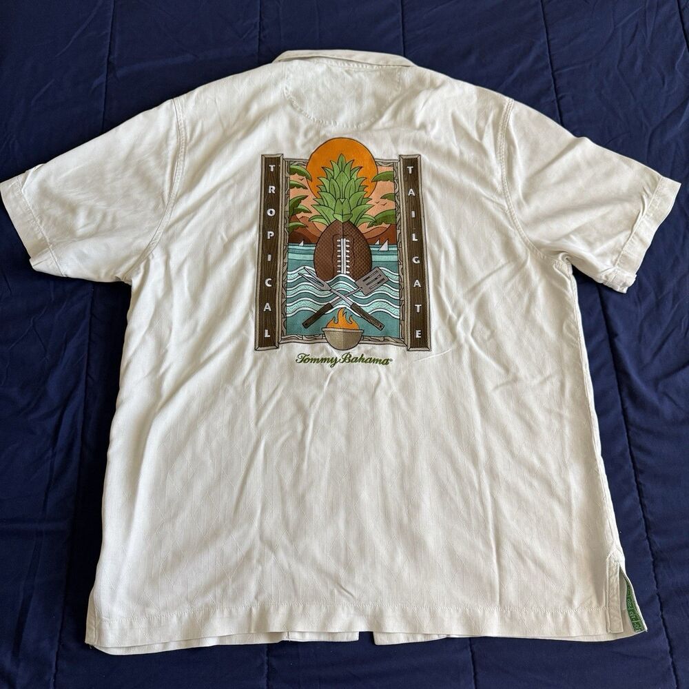 Tommy Bahama Silk Shirt Men’s L White Los Angeles Rams Tropical Tailgate Camp